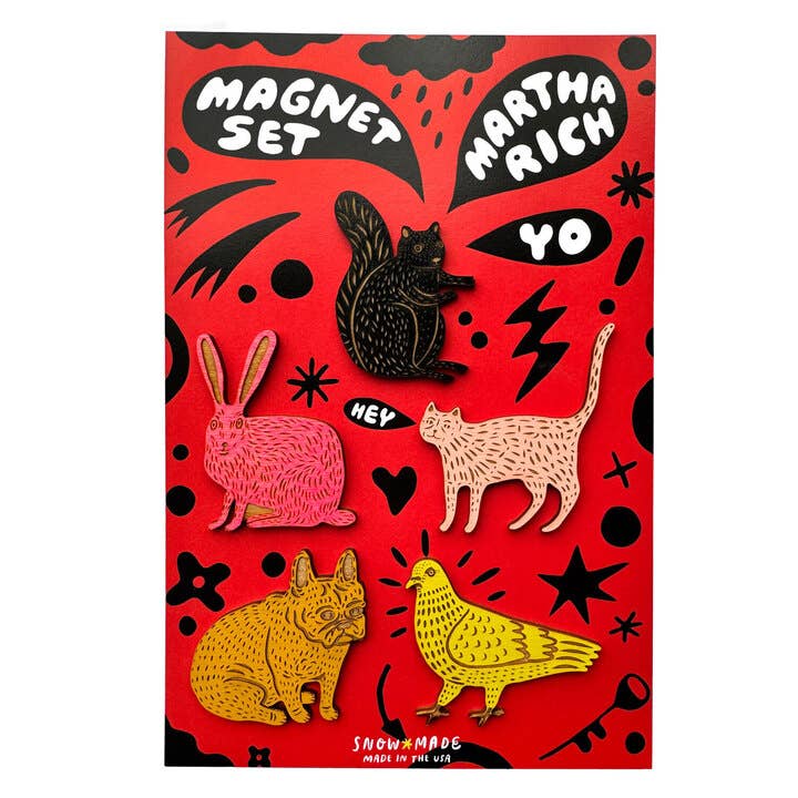 Set of animal-themed magnets on a red background with 'Martha Rich' branding.