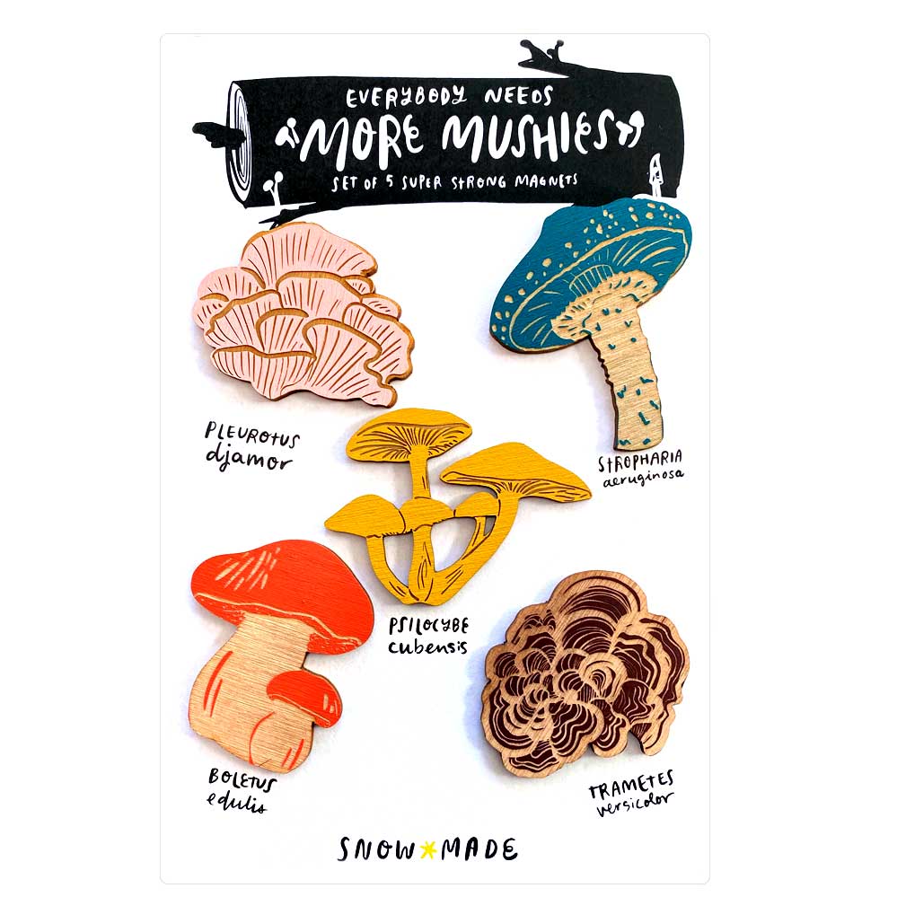 Set of five colorful mushroom-shaped magnets with a label above them on a white background.