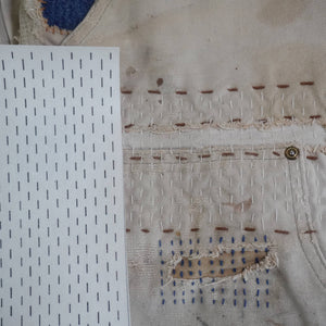 Close up of visible mending on a pair of pants next to a lined stick and stitch pattern.