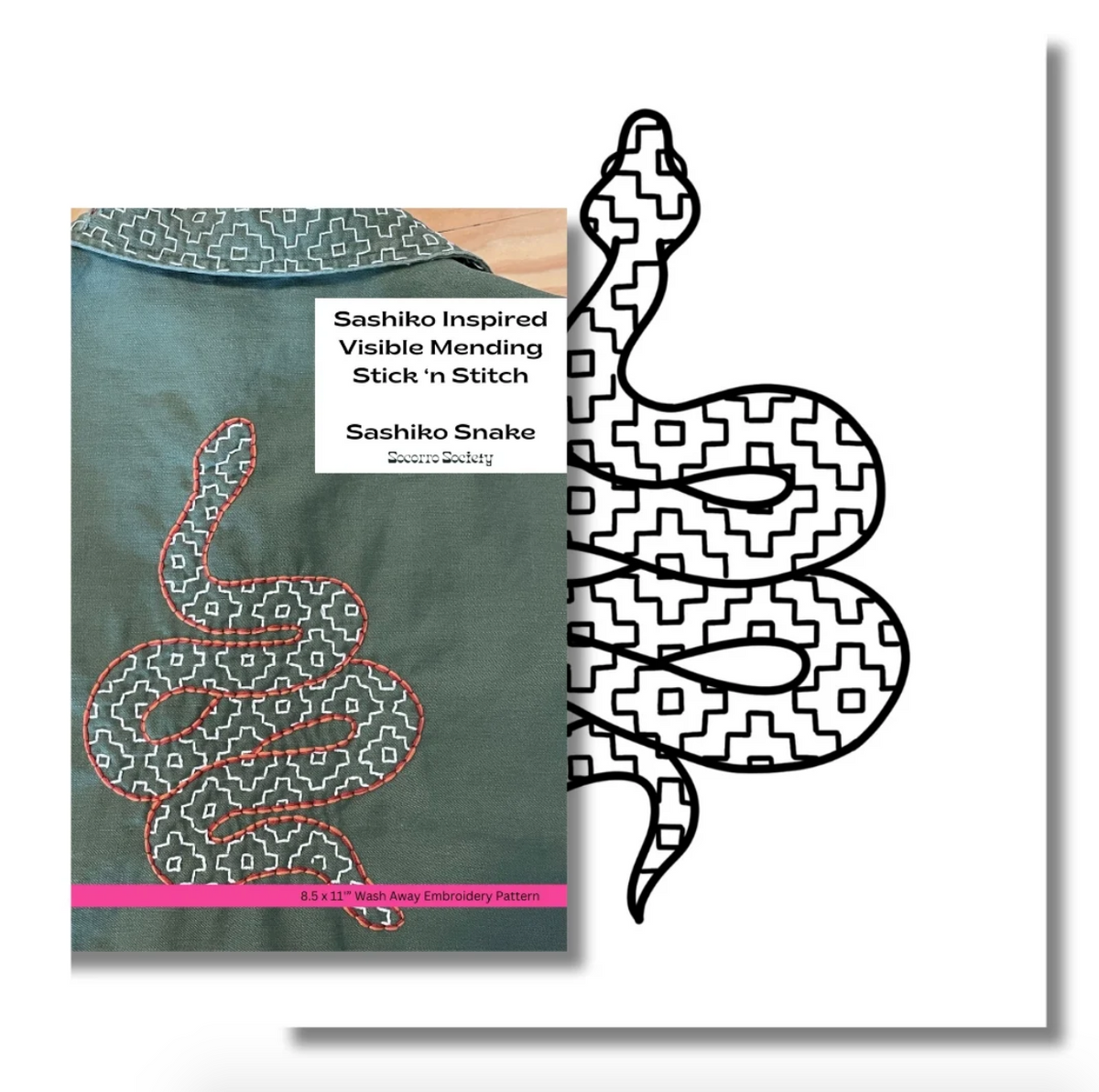 Packaging of sashiko inspired visible mebding stick n' stitch pattern in a snake design