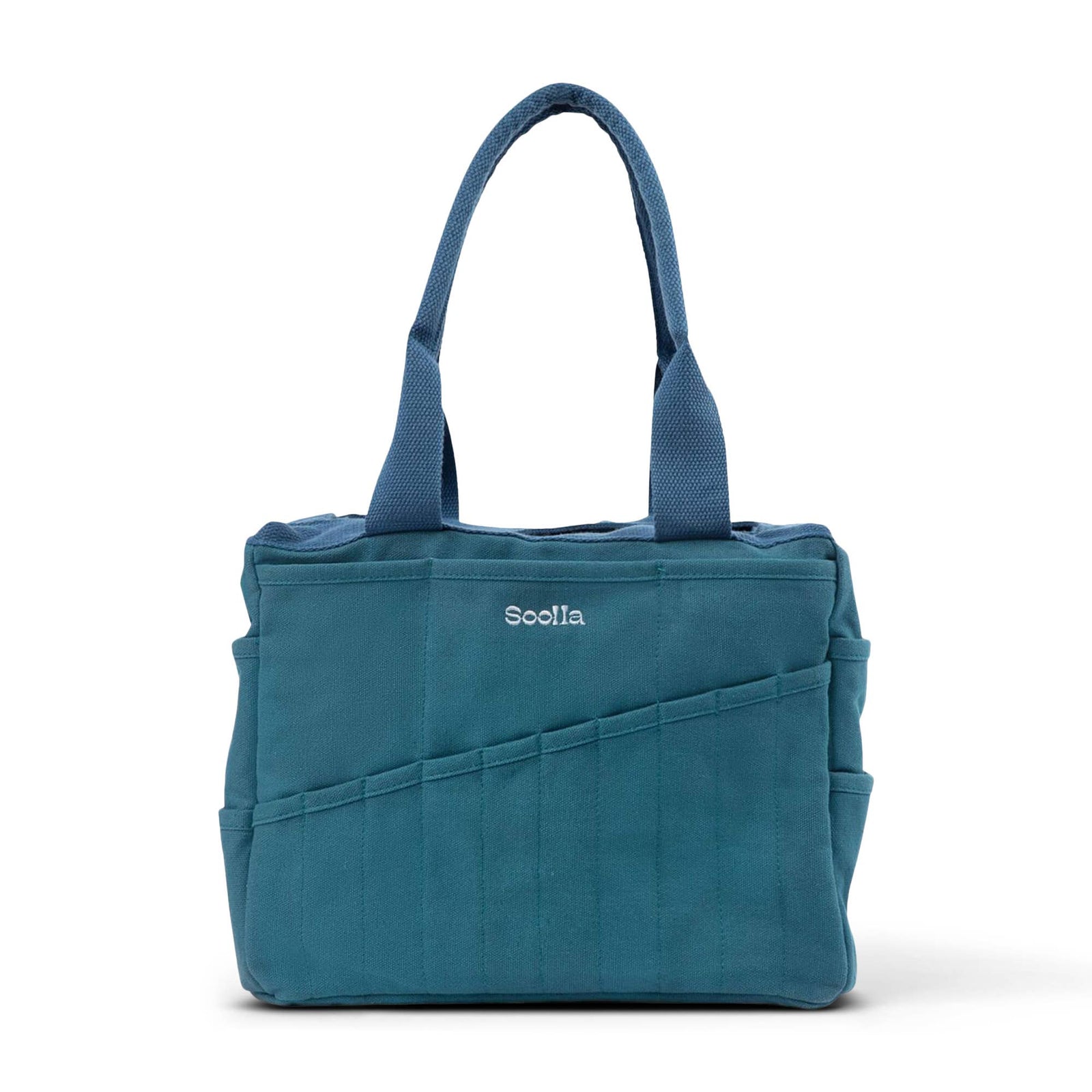 Blue tote bag with 'Soolla' branding on a white background