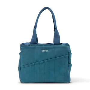 Blue tote bag with 'Soolla' branding on a white background
