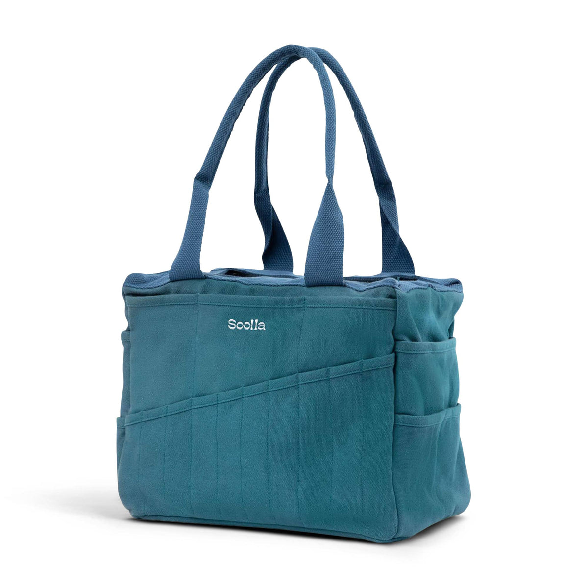 Blue tote bag with multiple pockets and a visible brand logo on a white background