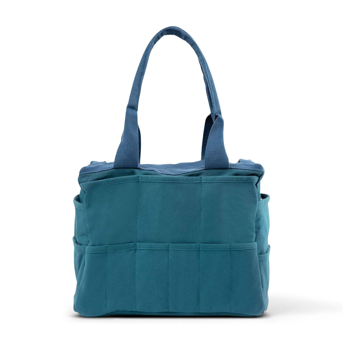 Blue tote bag from the back with multiple pockets on a white background