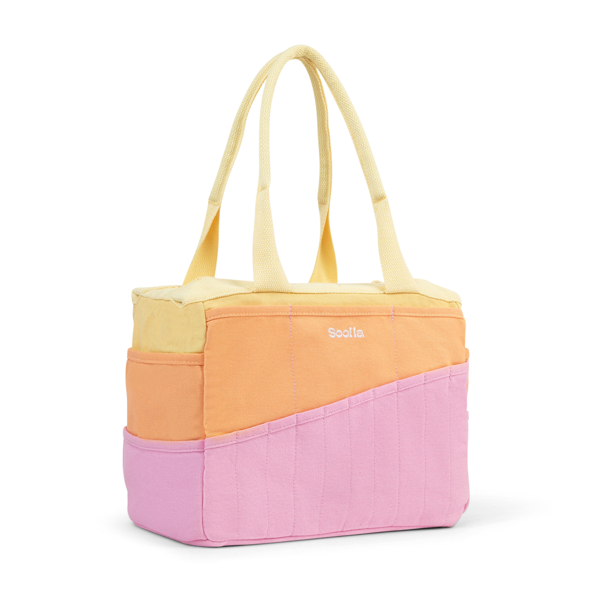 Color-blocked tote bag with 'Soolla' branding on a white background