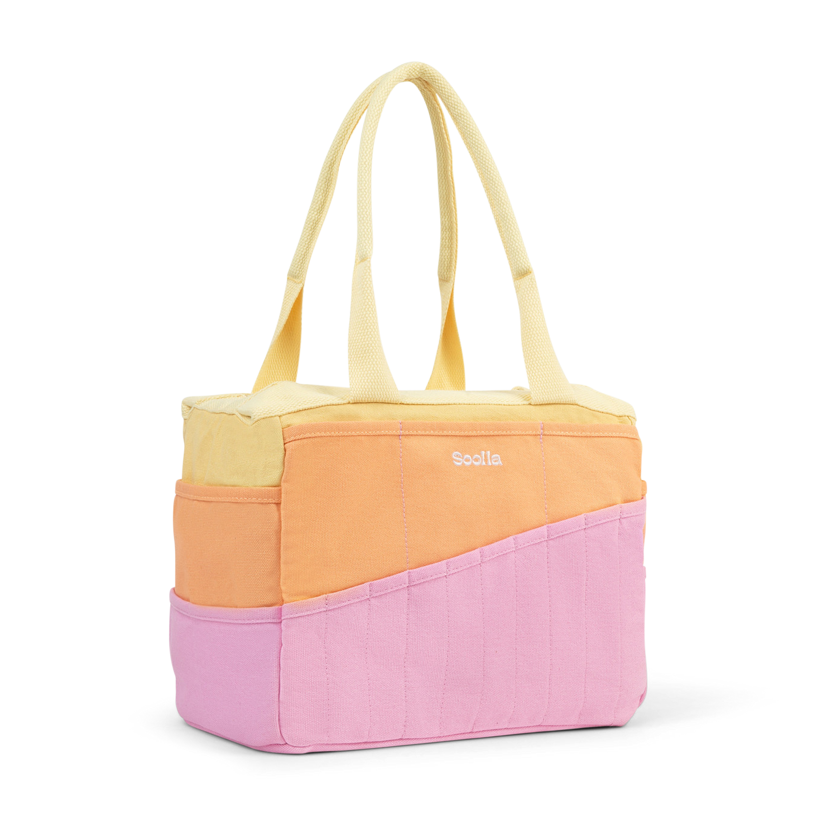Color-blocked tote bag with 'Soolla' branding on a white background