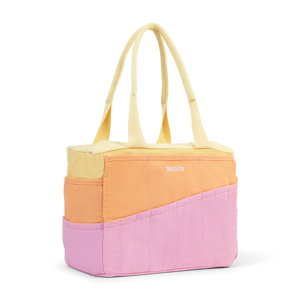Color-blocked tote bag with 'Soolla' branding on a white background