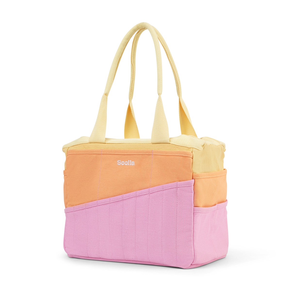 Color-blocked tote bag with yellow, orange, and pink sections on a white background