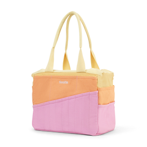Color-blocked tote bag with yellow, orange, and pink sections on a white background