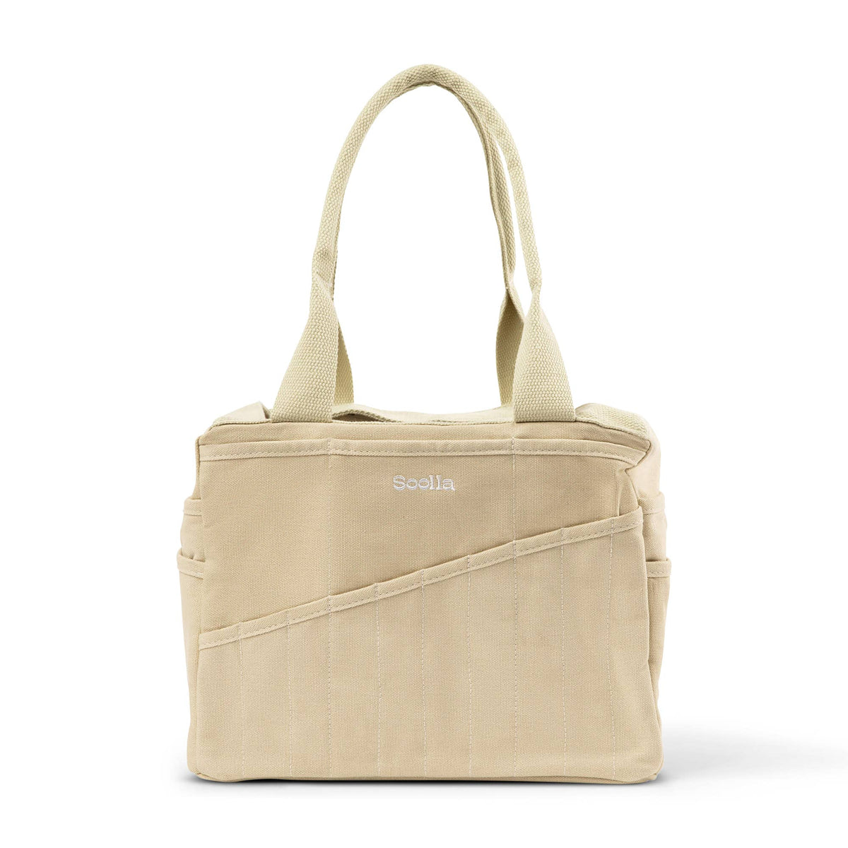 Beige tote bag with a visible brand logo on a white background