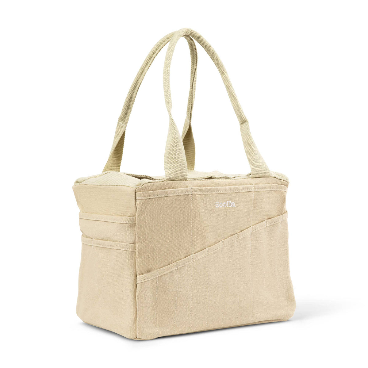 Beige tote bag with a visible brand logo on a white background