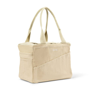 Beige tote bag with a visible brand logo on a white background
