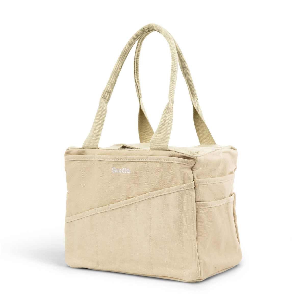 Beige tote bag with multiple pockets on a white background