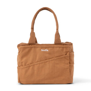 Brown tote bag with 'Soolla' branding on a white background