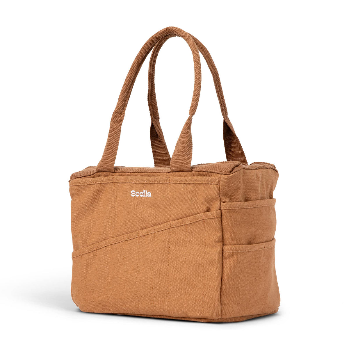 Brown tote bag with 'Soolla' branding on a white background