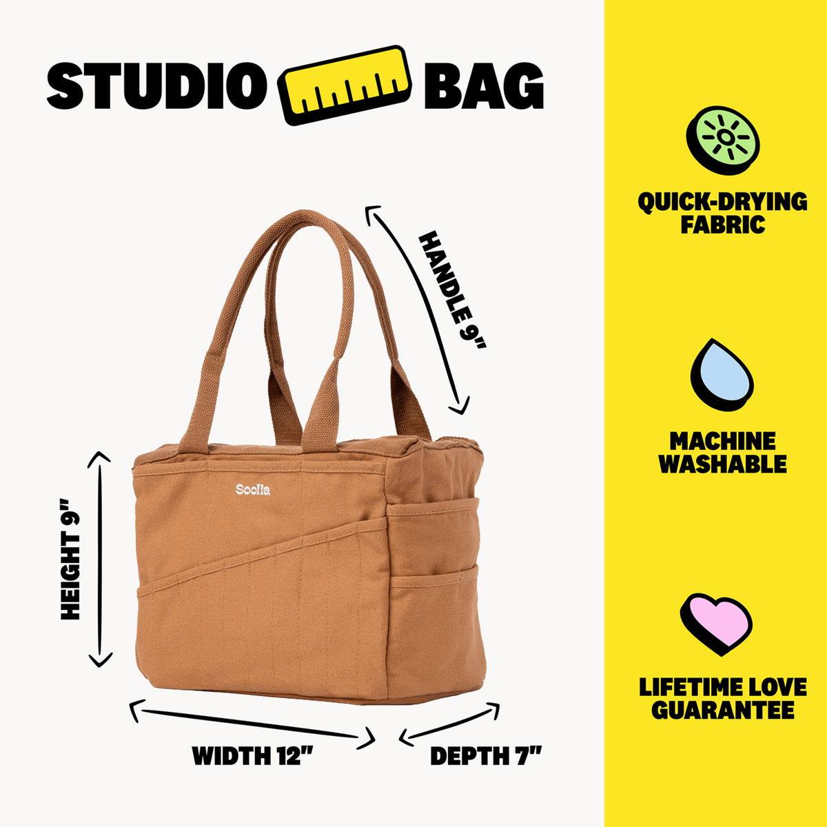 Brown tote bag with measurements and feature icons on a white background