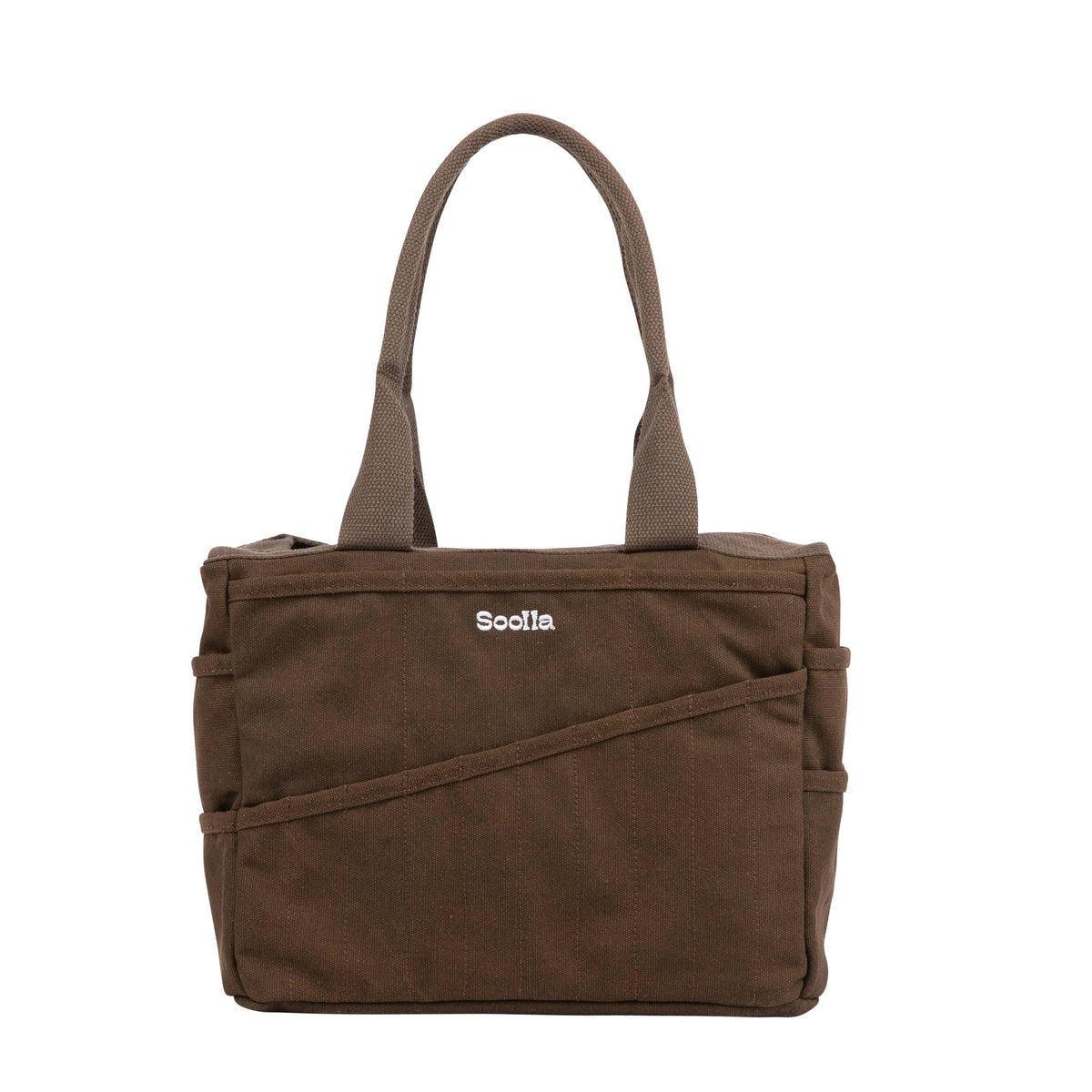 A brown canvas tote bag with dual top handles and a white 'Soolla' logo on the front, displayed against a solid white background.