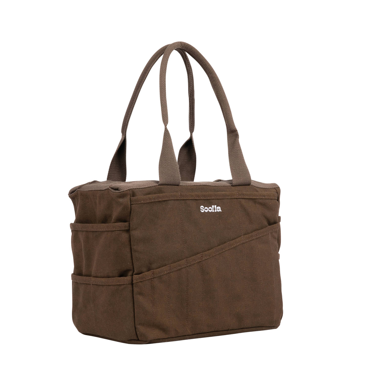 Brown tote bag with multiple pockets and handles on a white background