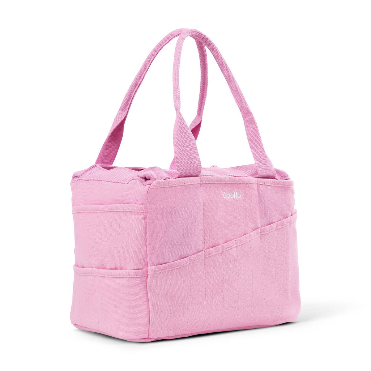 Pink tote bag with a visible brand logo on a white background