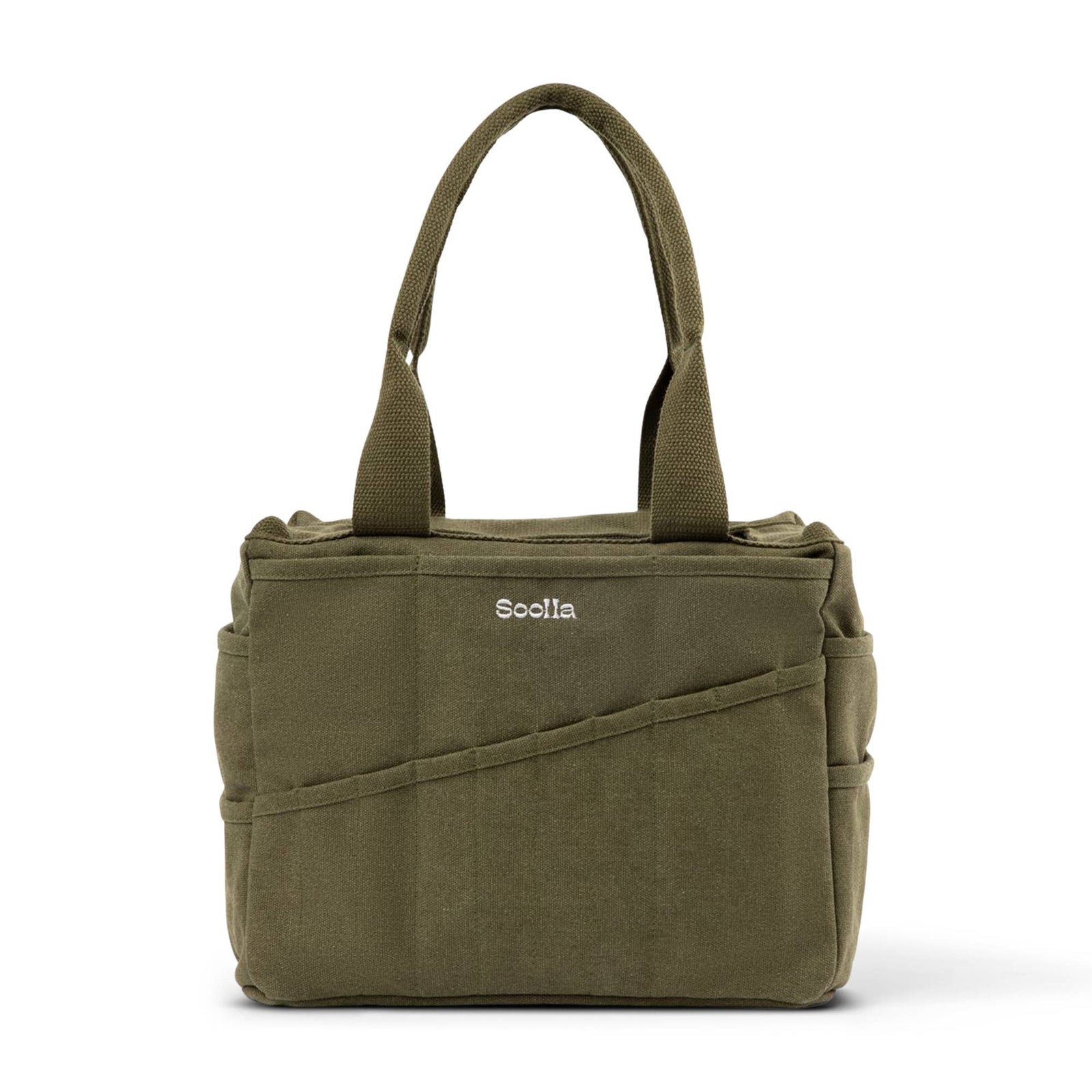 Green bag with 'Soolla' branding on a white background
