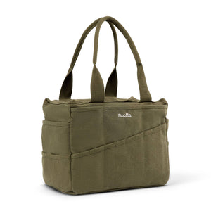 Green tote bag with 'Soolla' branding on a white background