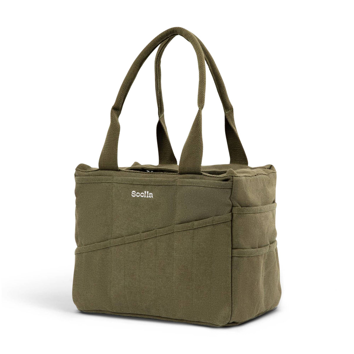 Green tote bag with multiple pockets and a visible brand logo on a white background