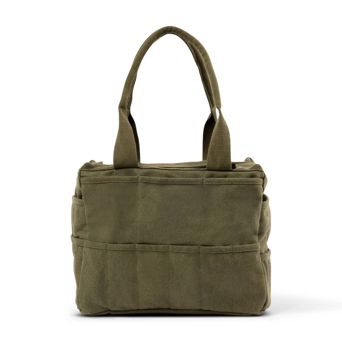 Green tote bag with multiple pockets from the back on a white background