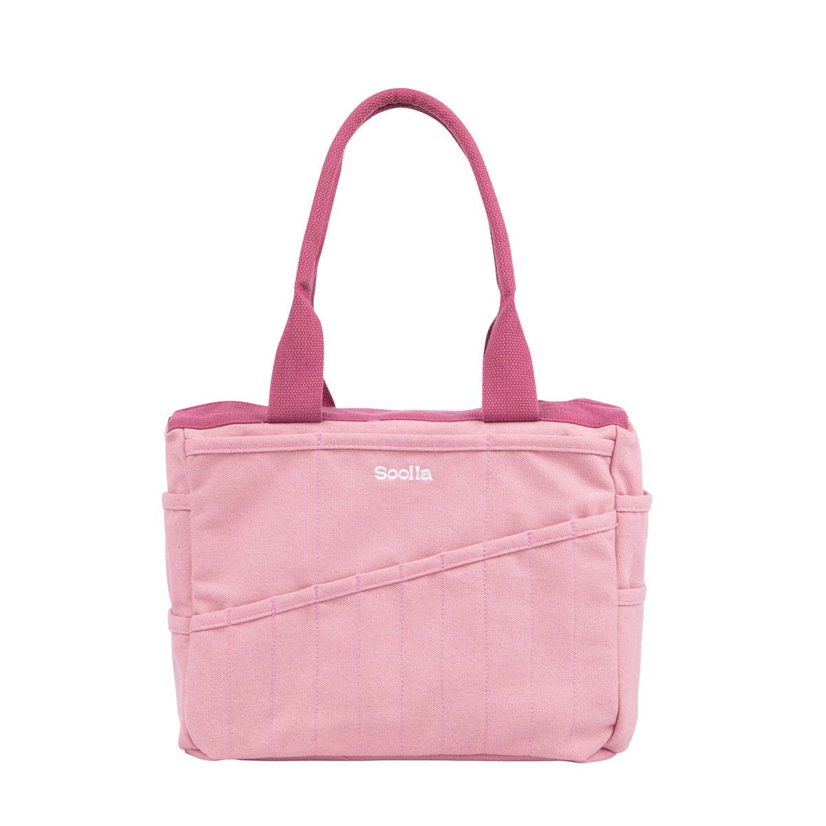 Pink tote bag with 'Soolla' branding on a white background