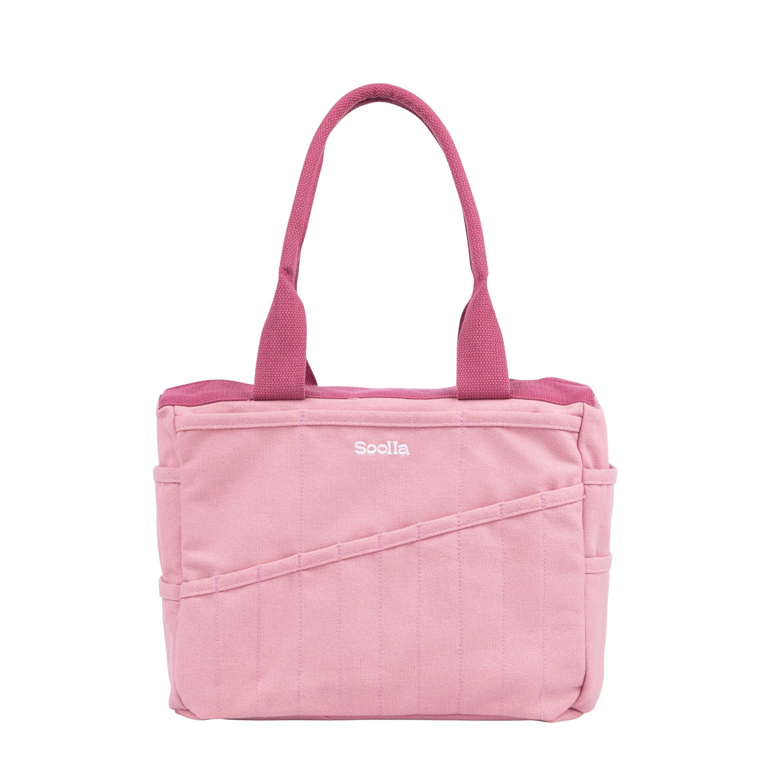 Pink tote bag with 'Soolla' branding on a white background