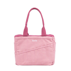 Pink tote bag with 'Soolla' branding on a white background