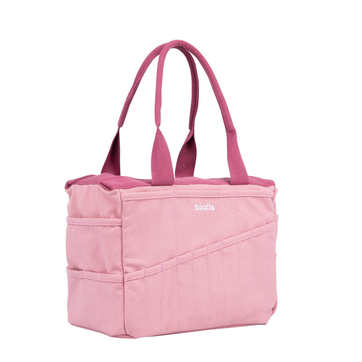 Pink tote bag with 'Soolla' branding on a white background