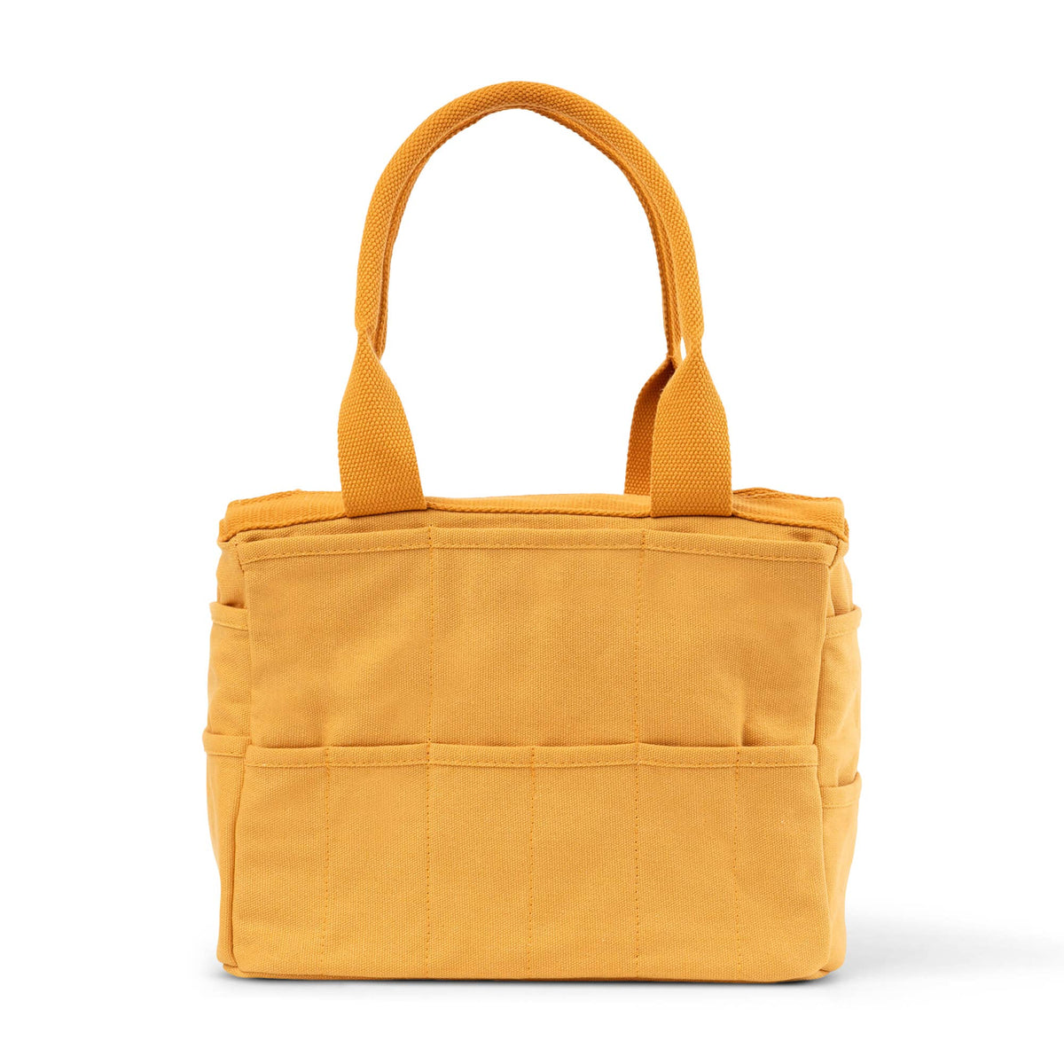 Yellow tote bag with handles from the back on a white background