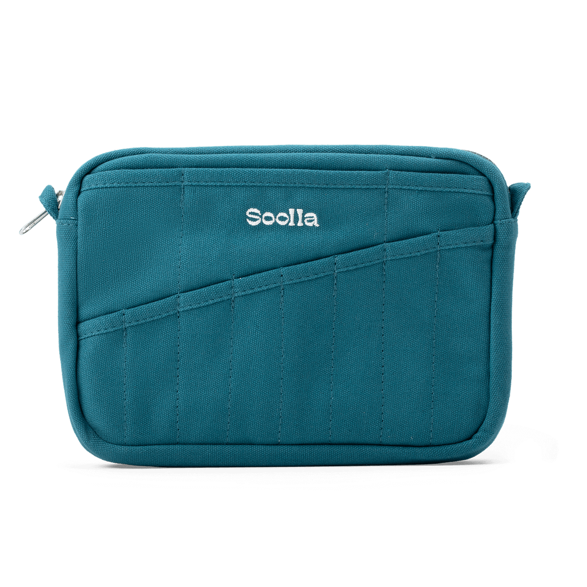 A teal blue fabric pouch with diagonal stitched compartments and the brand name 'Soolla' embroidered in white on the front, shown on a clean white background.
