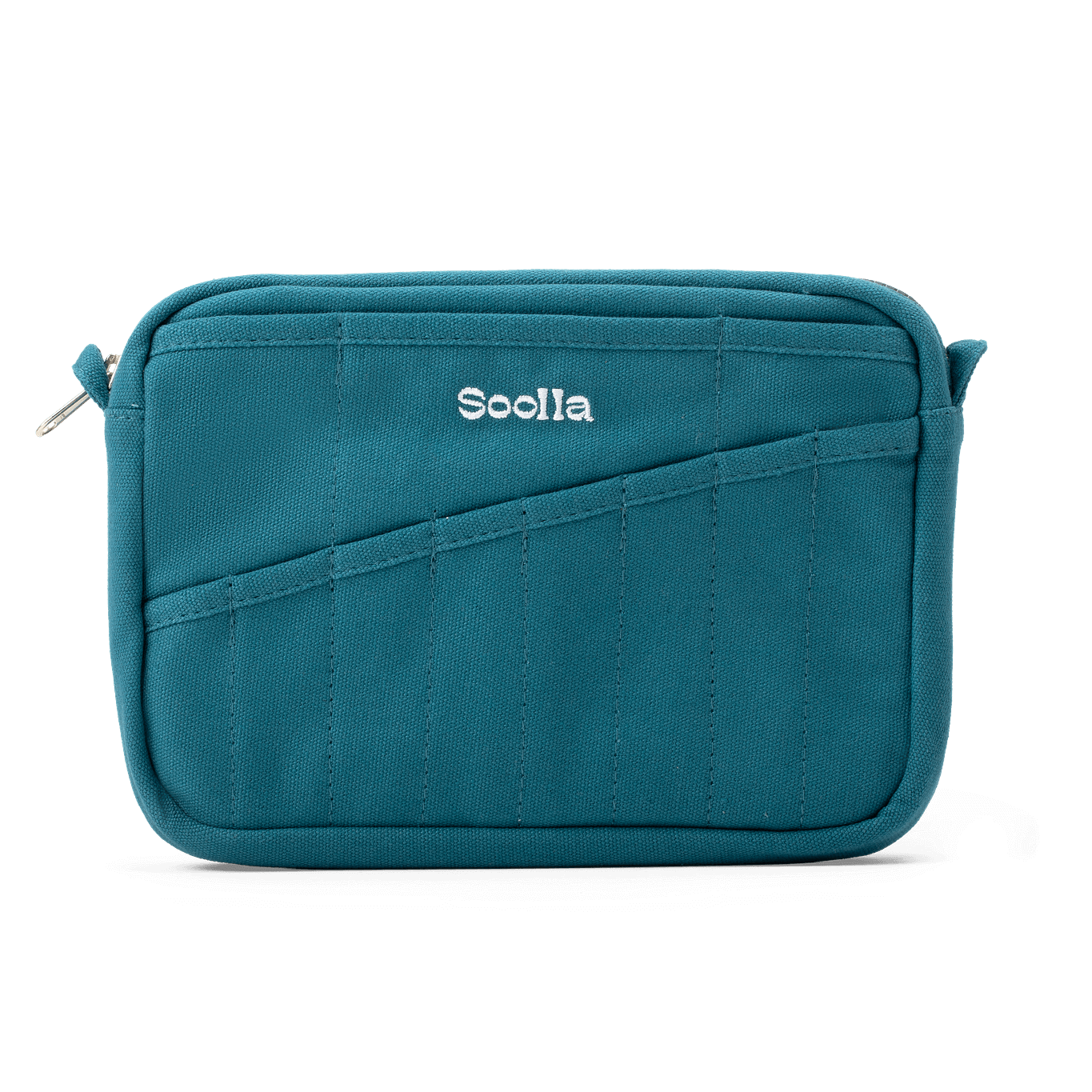 A teal blue fabric pouch with diagonal stitched compartments and the brand name 'Soolla' embroidered in white on the front, shown on a clean white background.