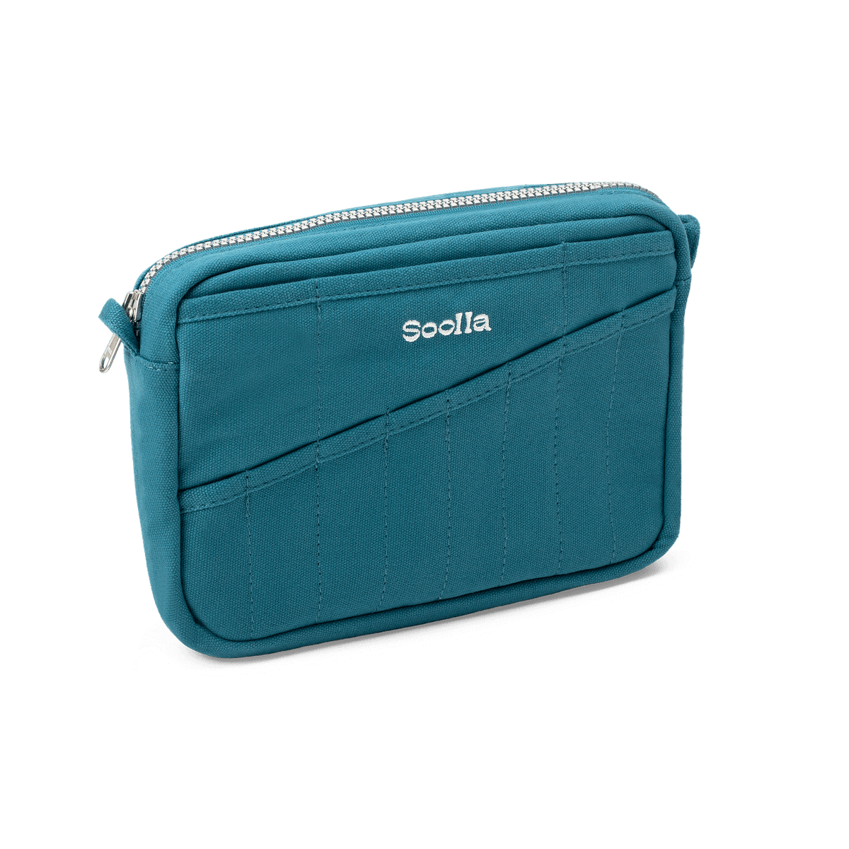 Teal pouch with a brand logo on a white background
