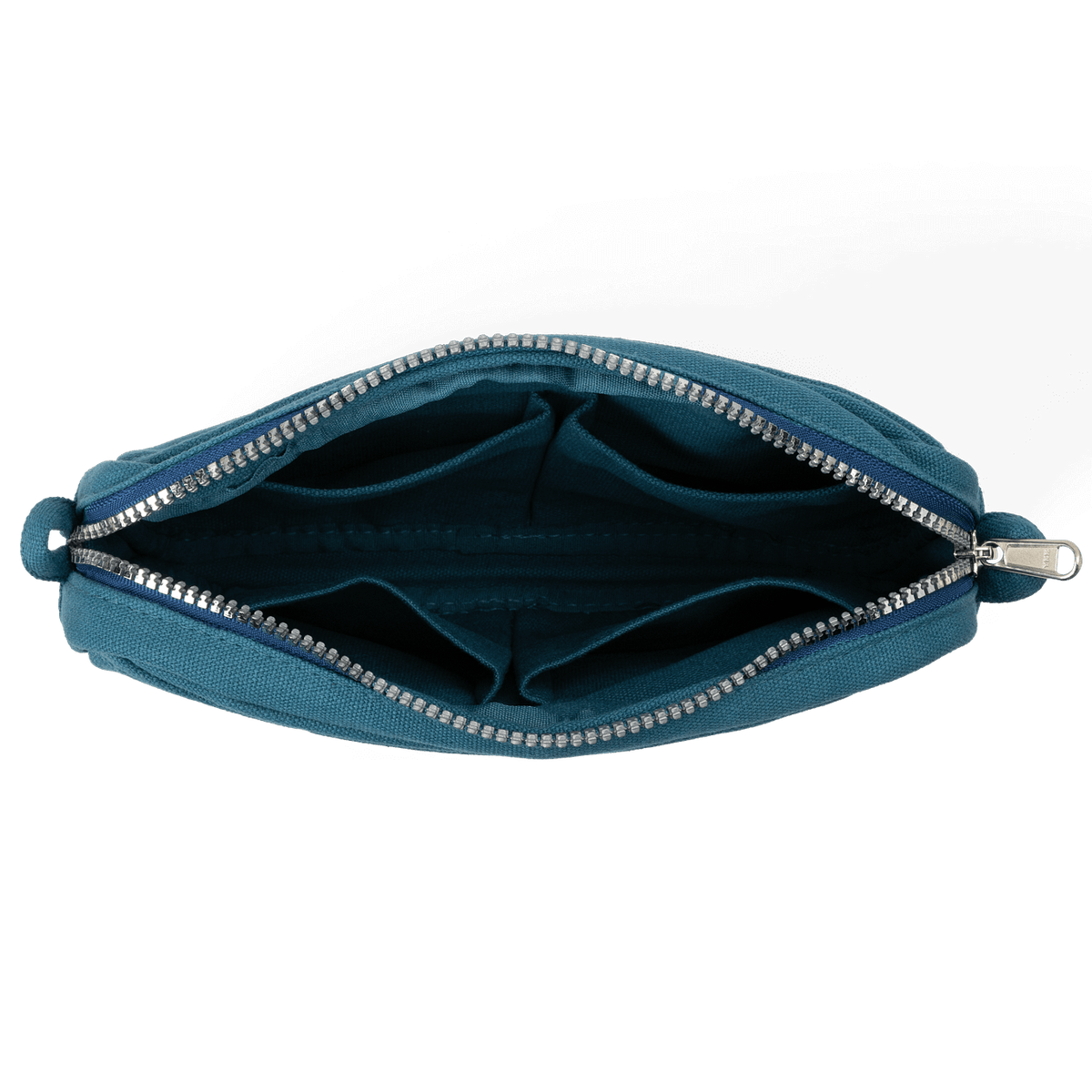 Blue pouch with a zipper on a black background