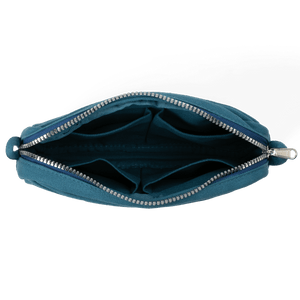 Blue pouch with a zipper on a black background