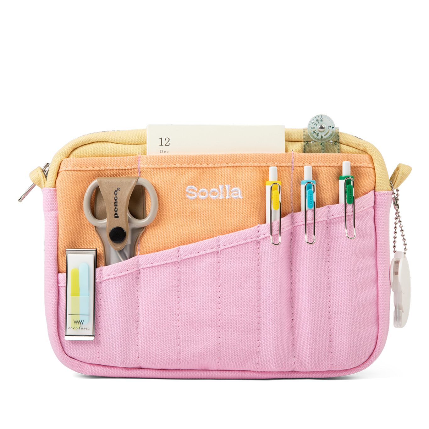 Pink pencil case with compartments containing stationery items on a white background