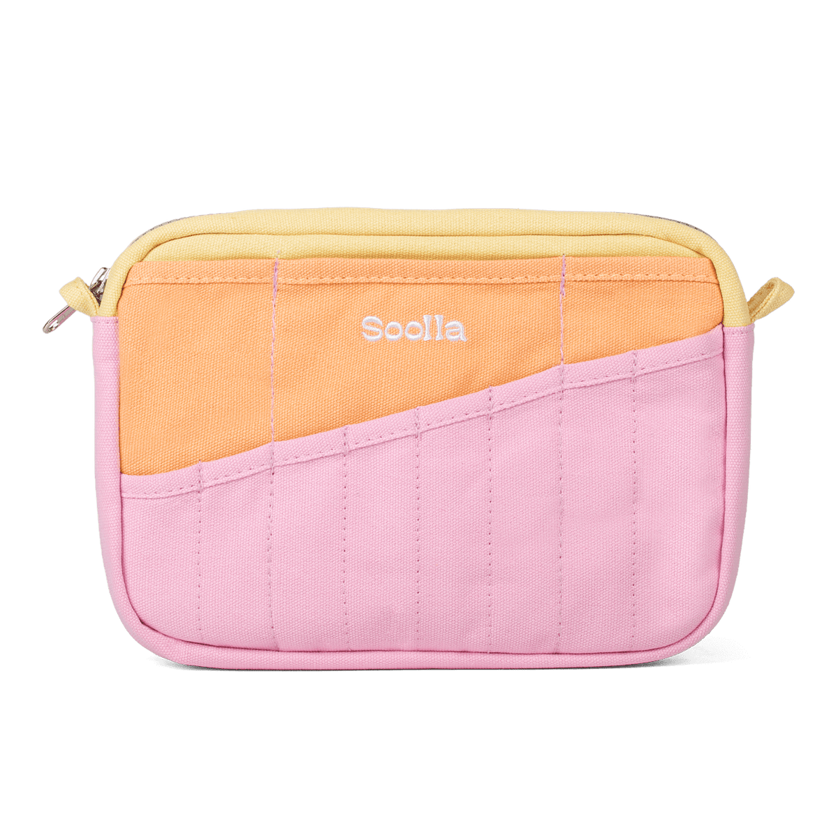 Two-tone pink and orange pouch with 'Soolla' branding on a black background