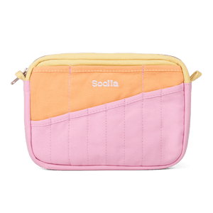 Two-tone pink and orange pouch with 'Soolla' branding on a black background