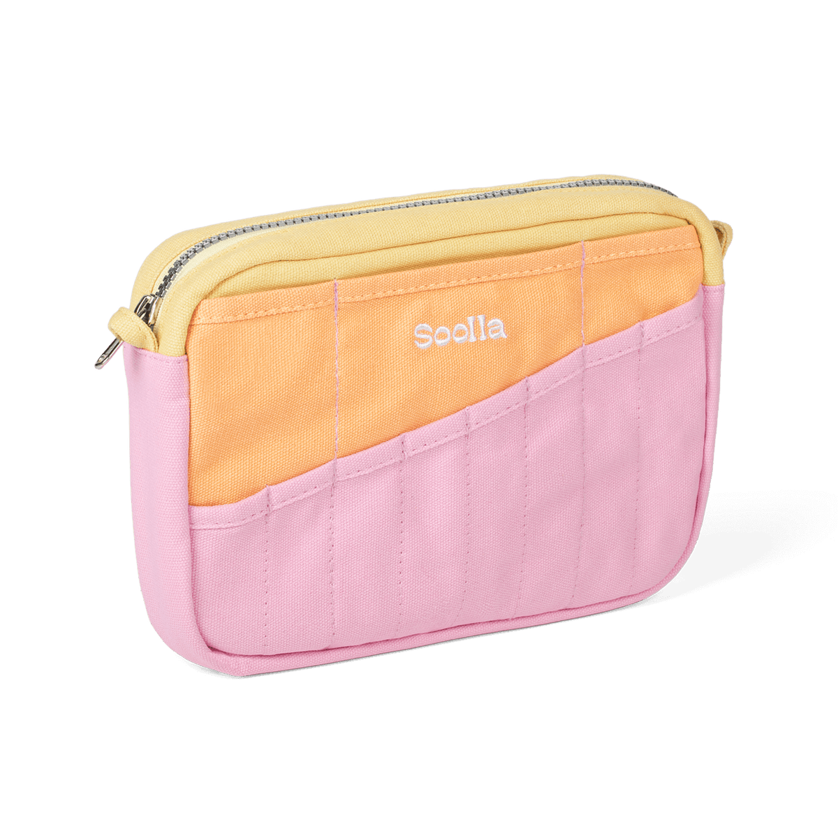Pink and yellow pouch with 'Soolla' branding on a black background
