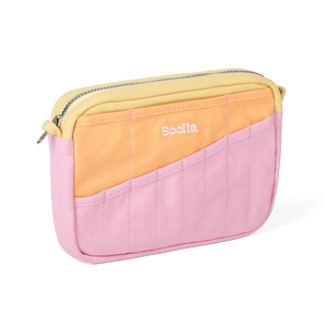 Pink and yellow pouch with 'Soolla' branding on a black background