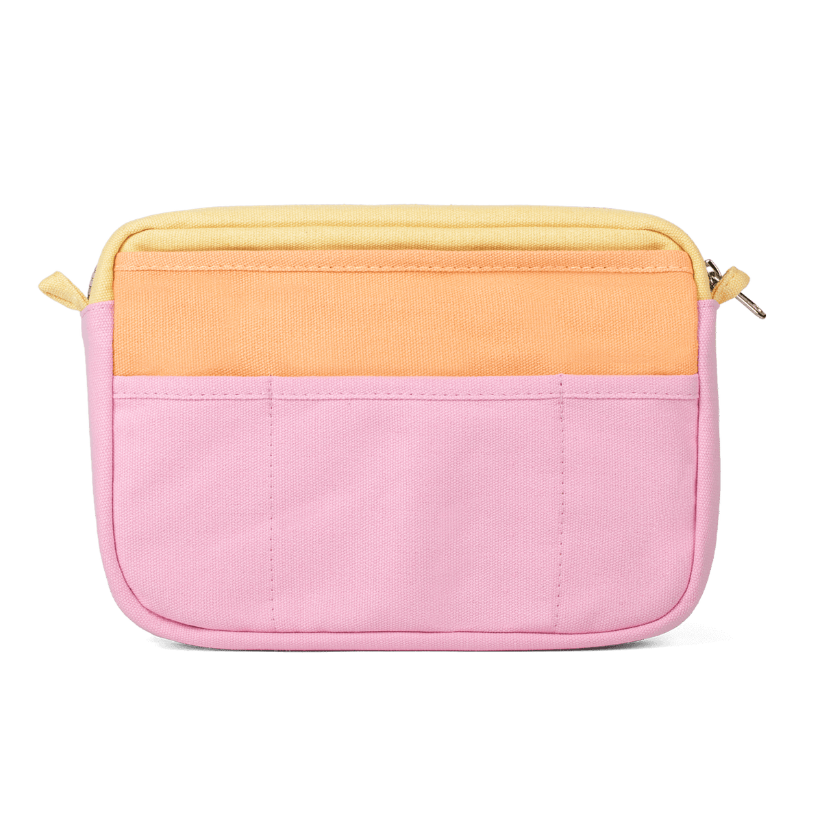 Two-tone pink and yellow pouch on a black background