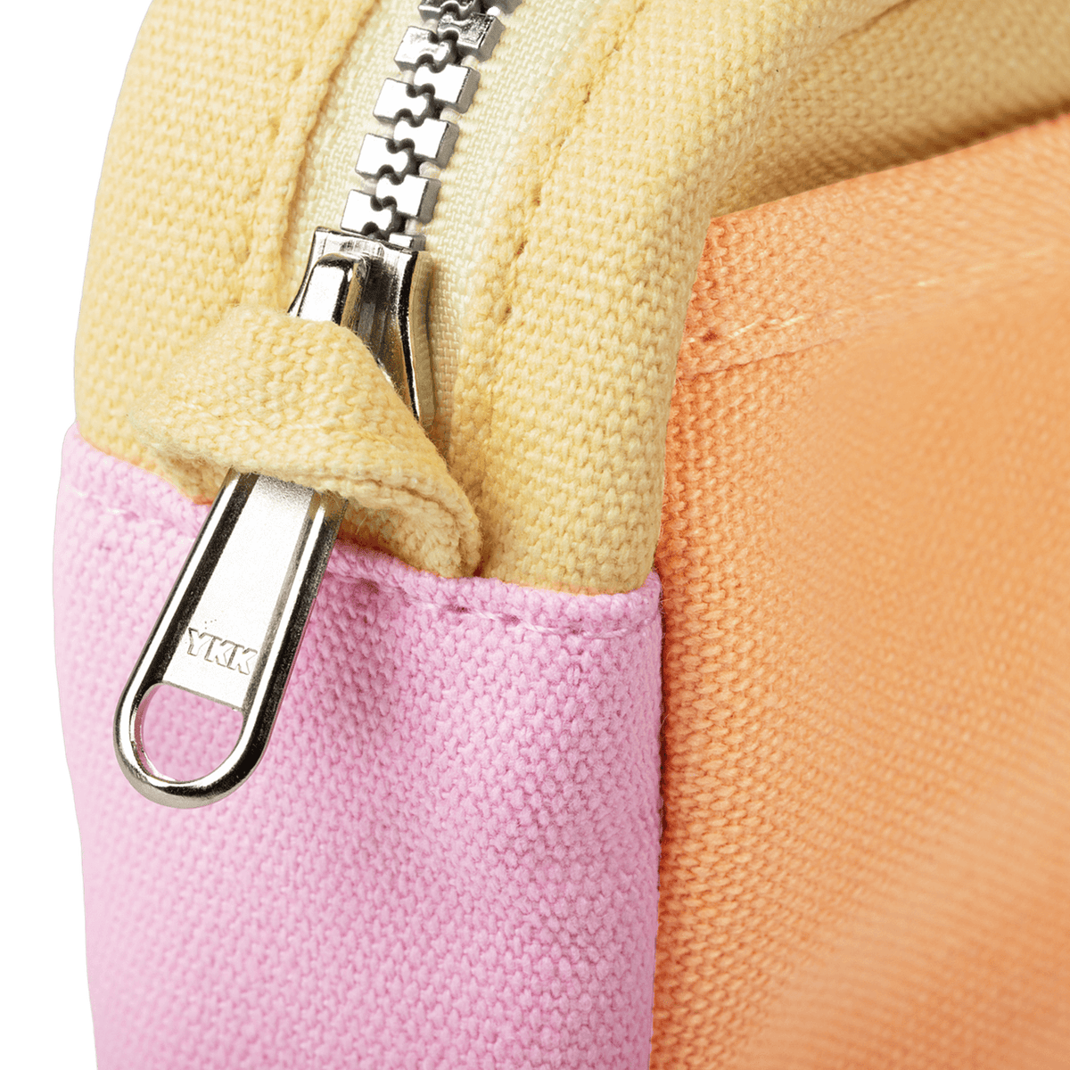 Close-up of a multicolored pouch with a zipper