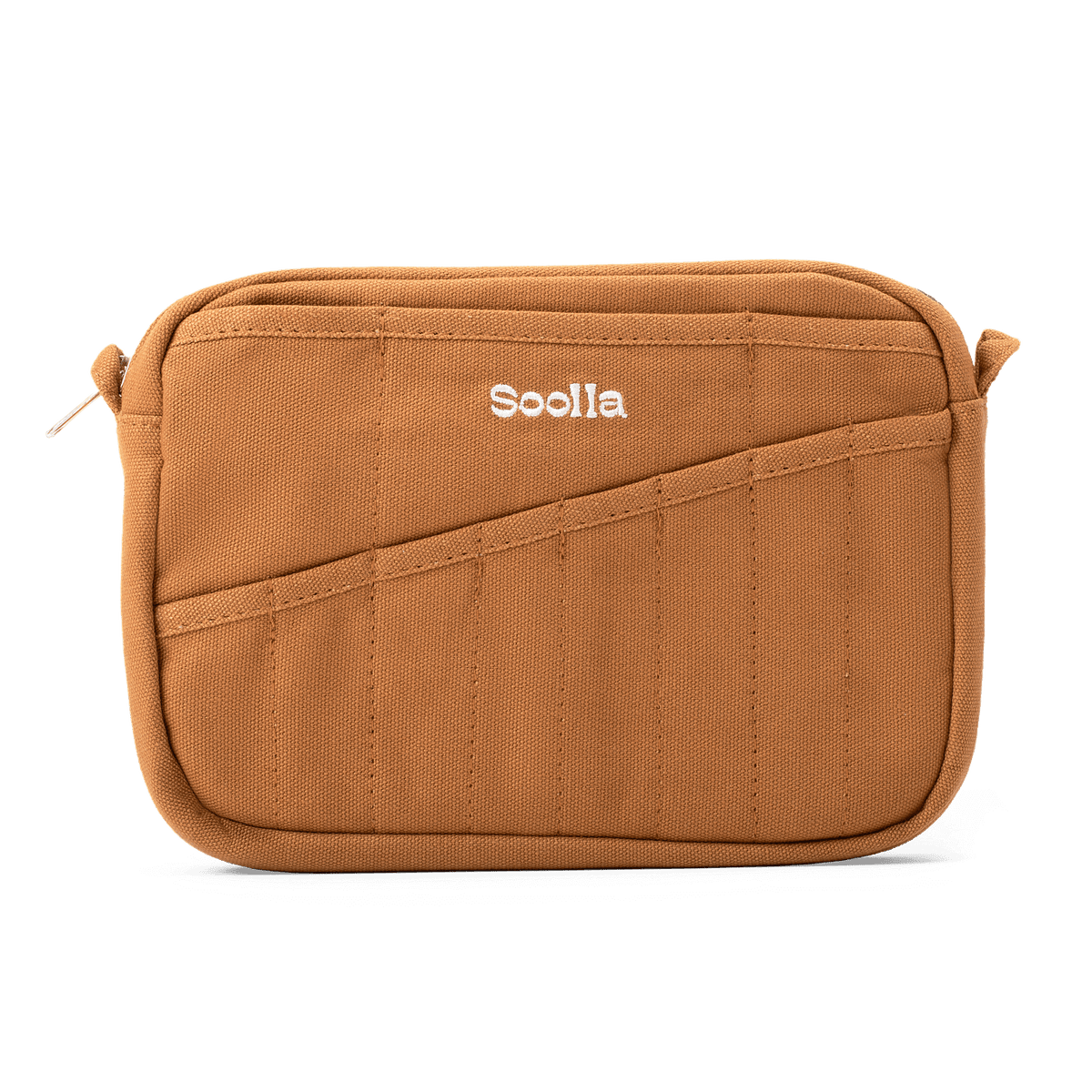 A brown canvas pouch with a diagonal front pocket and the brand name 'Soolla' embroidered in white on the front, shown against a plain white background.
