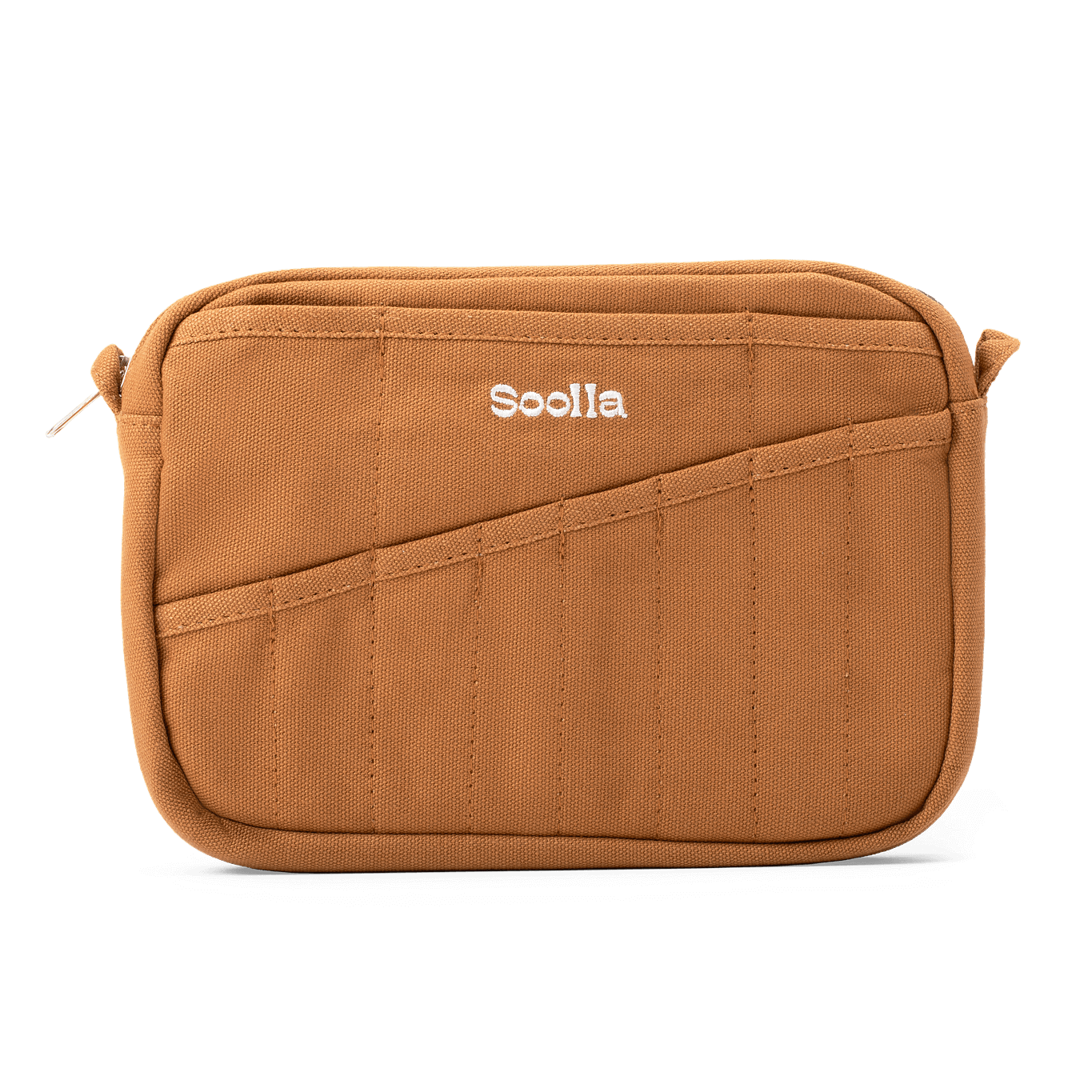 A brown canvas pouch with a diagonal front pocket and the brand name 'Soolla' embroidered in white on the front, shown against a plain white background.