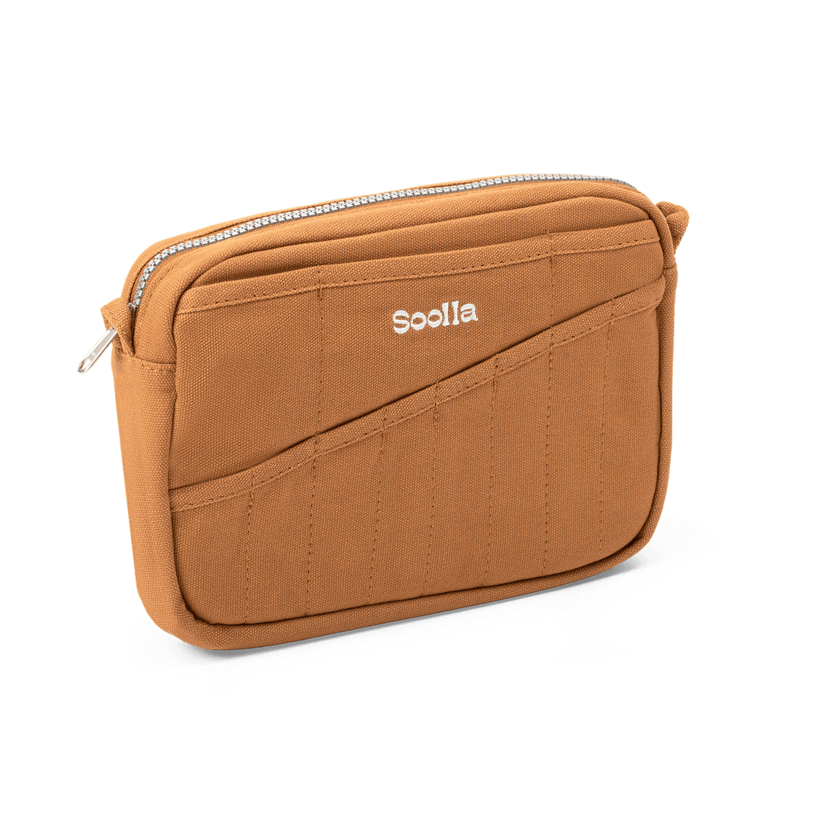 Brown pouch with a brand logo on a white background