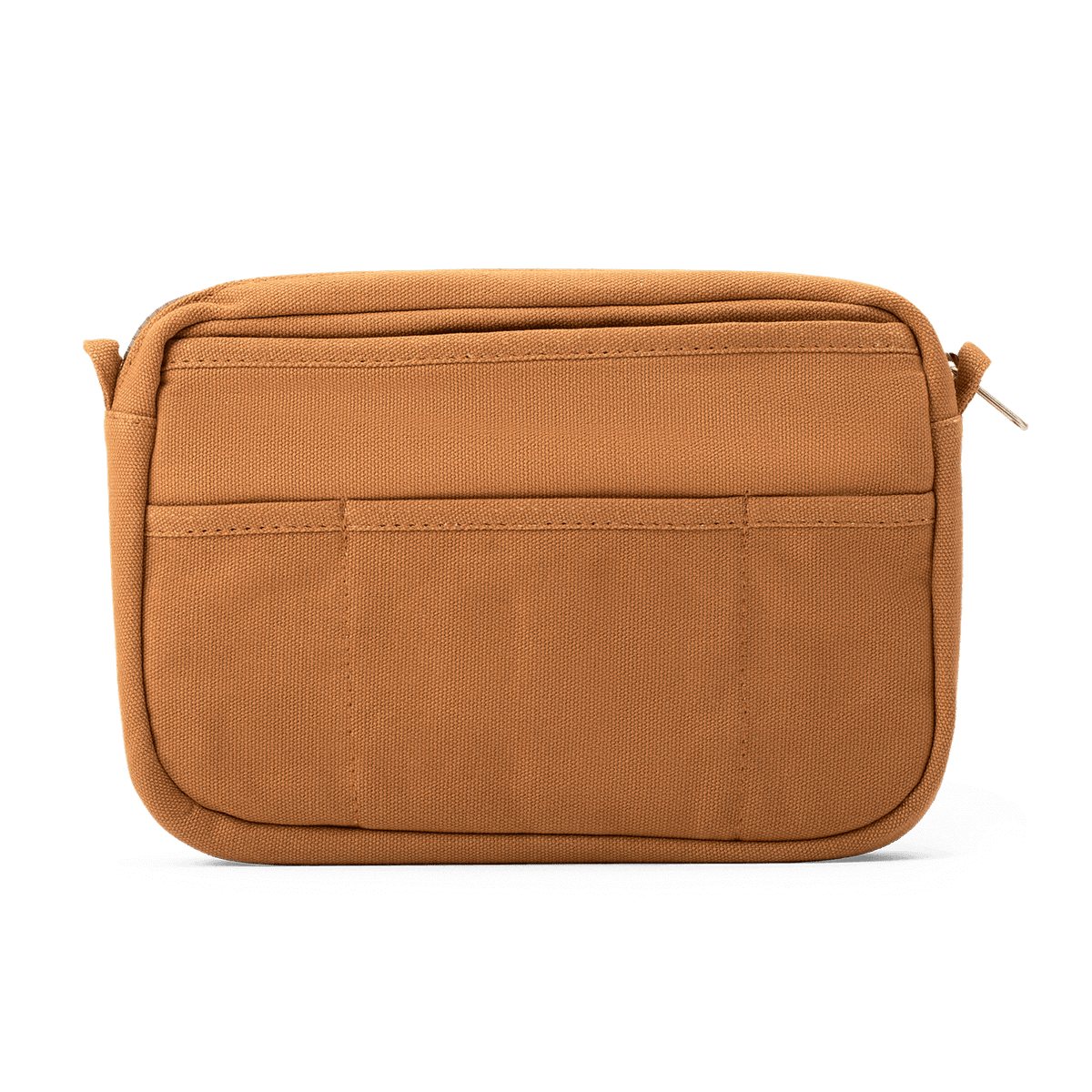Brown rectangular bag with a zipper on a black background