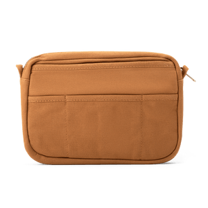 Brown rectangular bag with a zipper on a black background