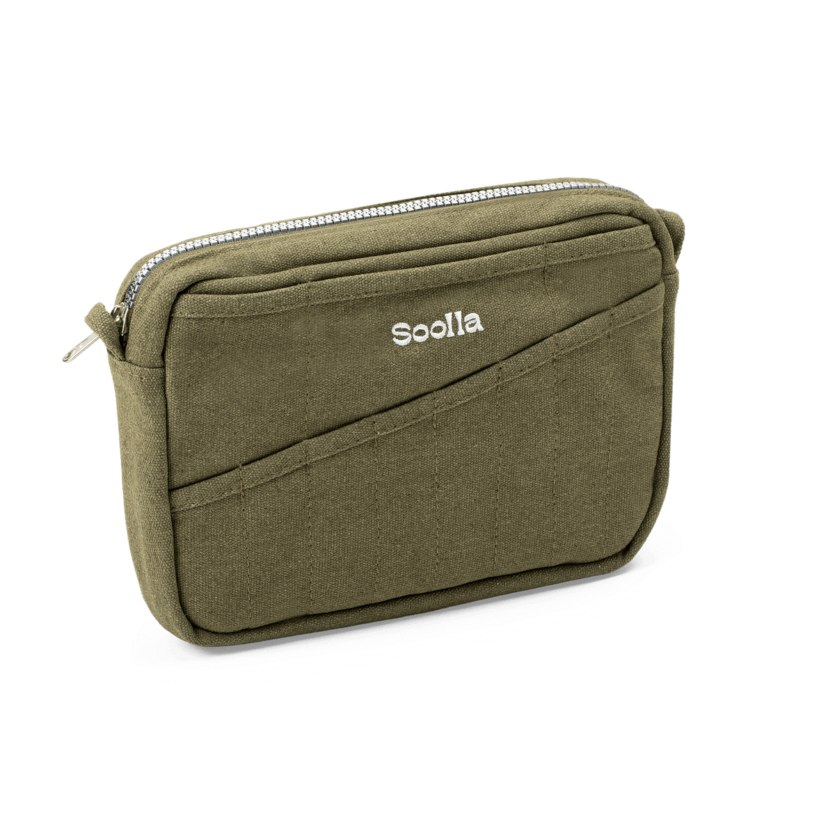 Green pouch with a zipper and 'Soolla' branding on a white background